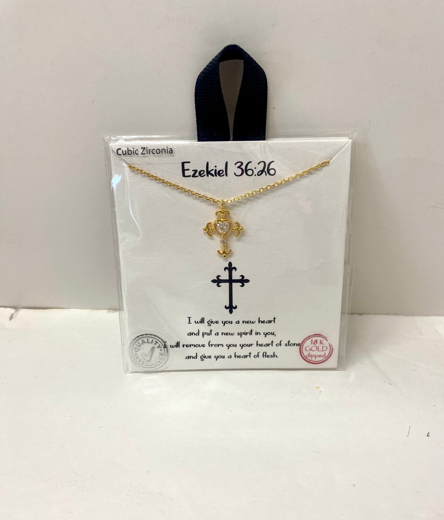 Gold Cross Necklace w/ Heart Stone in Center