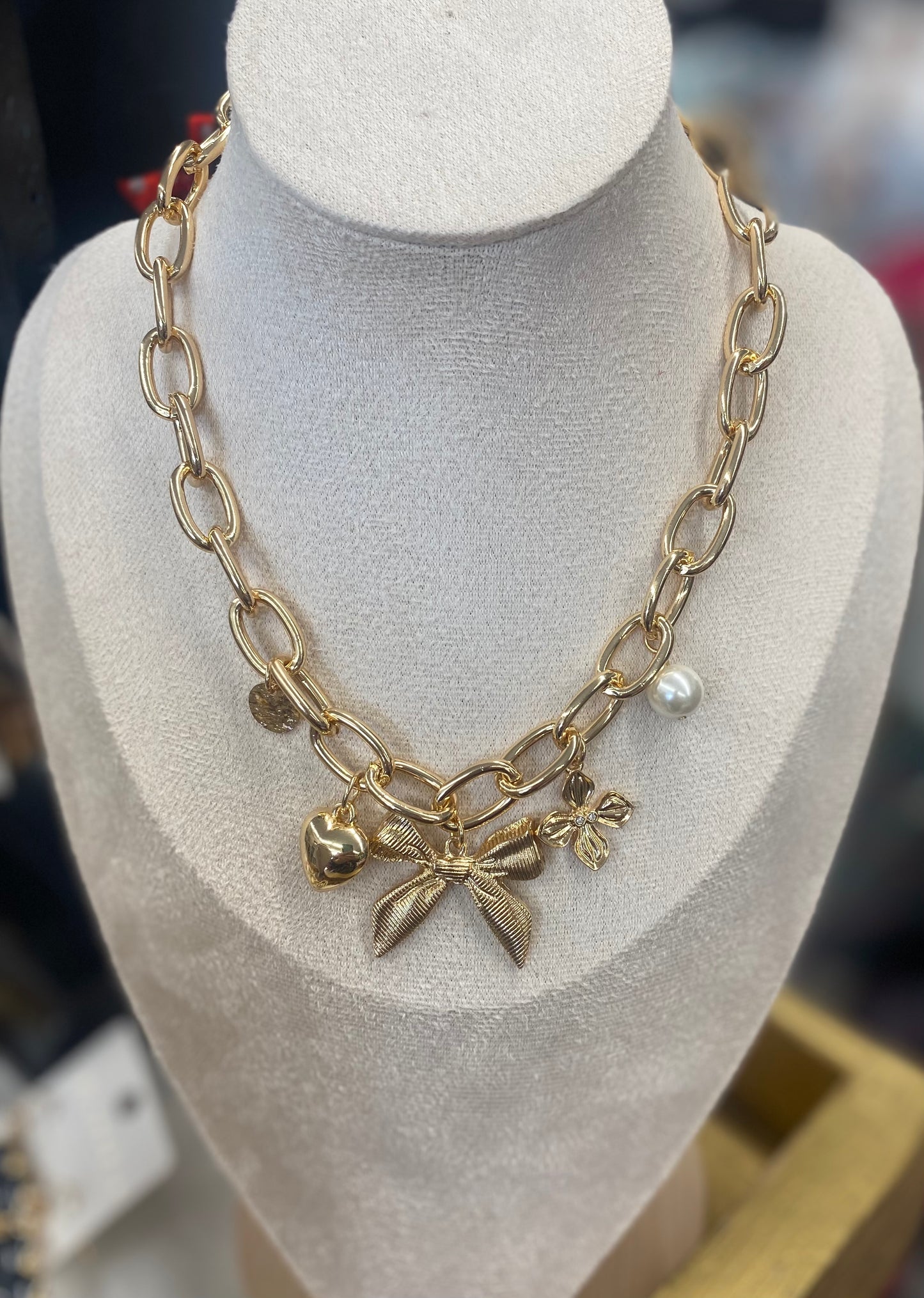 Bow Charm Necklace with Gold Stud Earrings