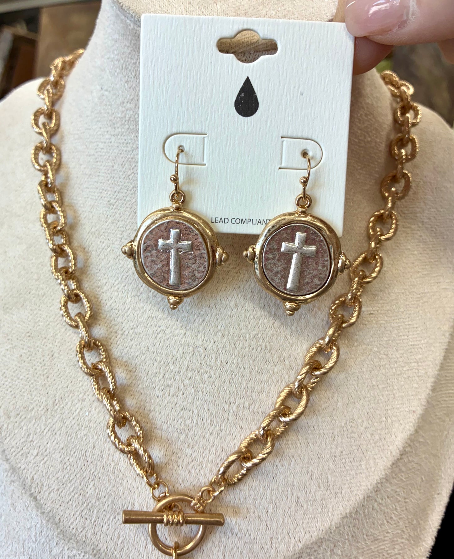 Two tone Cross Medallion Earrings