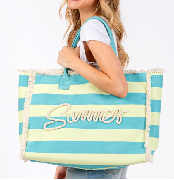 Sewn Rope Summer Letter Fringe Striped Tote Bag (Blue/Lime)