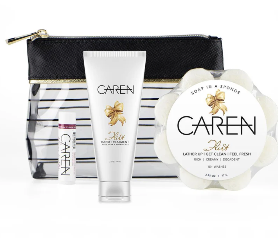 Flirt Caren Gift Set Includes 2 oz. Hand Treatment, Flirt Soap Sponge, & Free Pretty Lip Balm & Bag