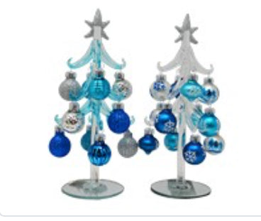 Blue & Silver Glass Tree 8” with Blue Ornaments 2- Different Trees