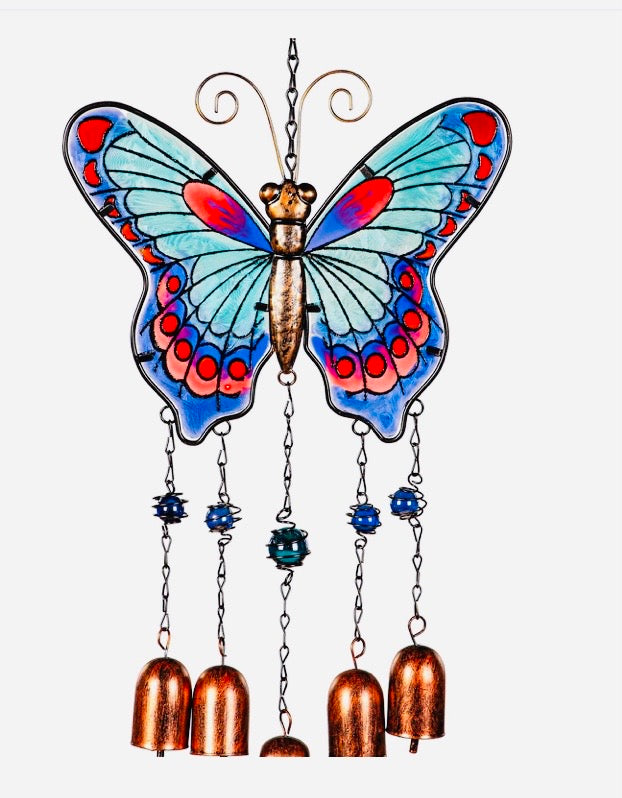 Pollinator Garden Wind Chime Glass Butterfly Wind Chime with Bells, Asst of 3 (9.5” W x 15.5”L)