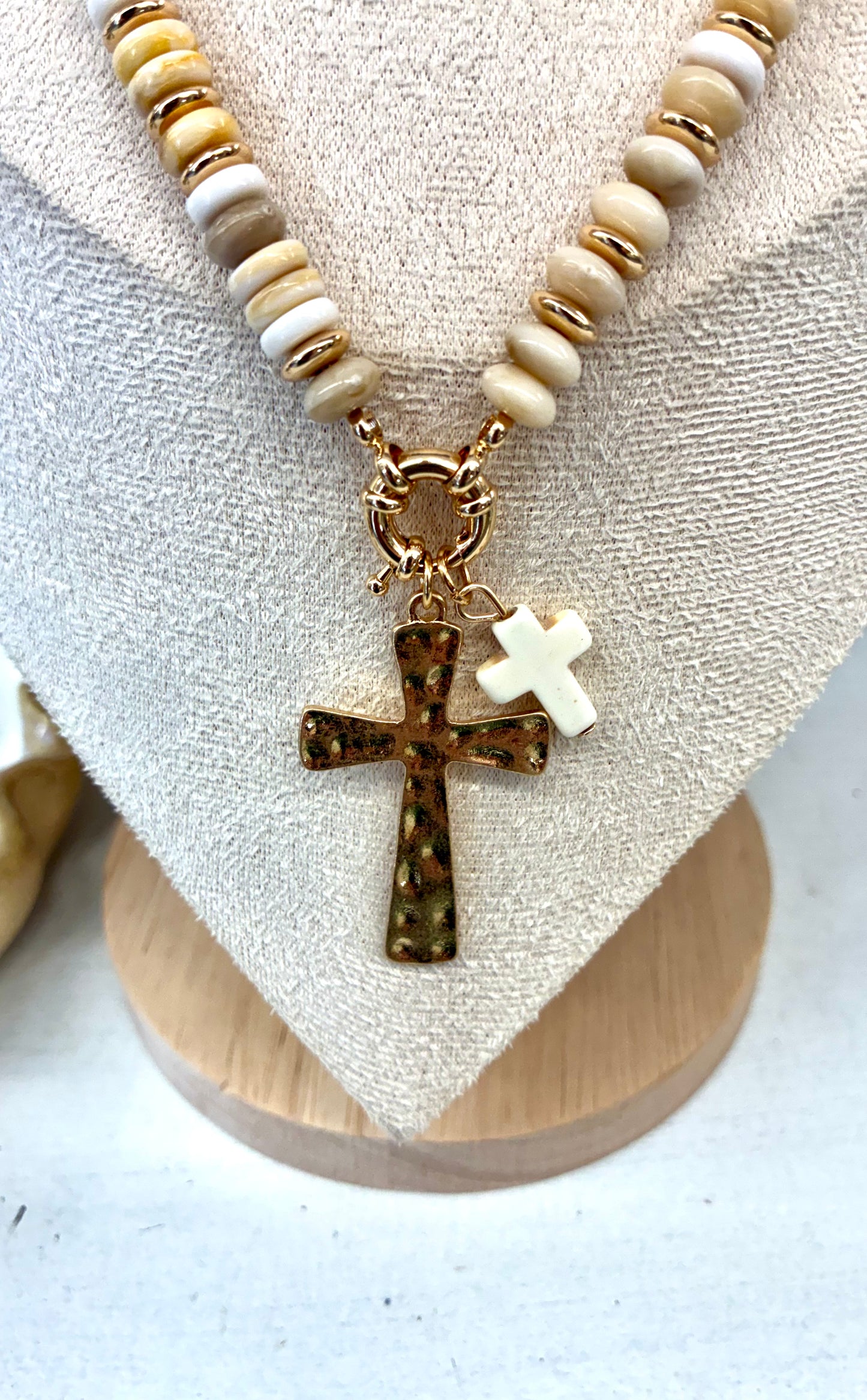 Stone Disk Beaded Necklace with Stone Hammered Cross Pendant