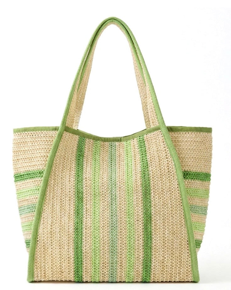 Multi Color Green Stripe Natural Straw Tote Bag