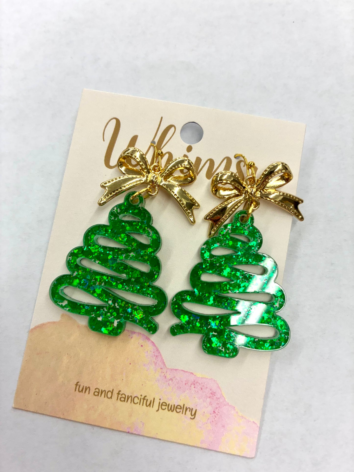Green Iridescent with Gold Bow Christmas Tree Earrings