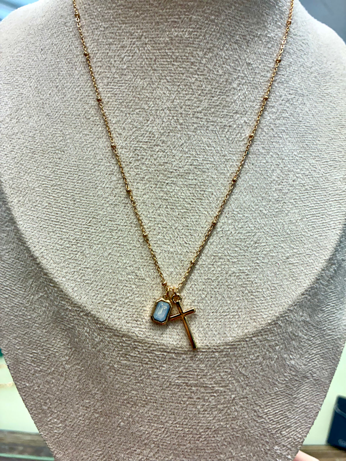 Dainty Gold Cross Necklace with Colored Stone