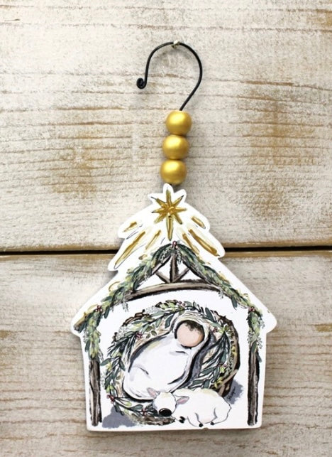 5x10” Jesus in Creche w Lamb Ornament Bead Hanger