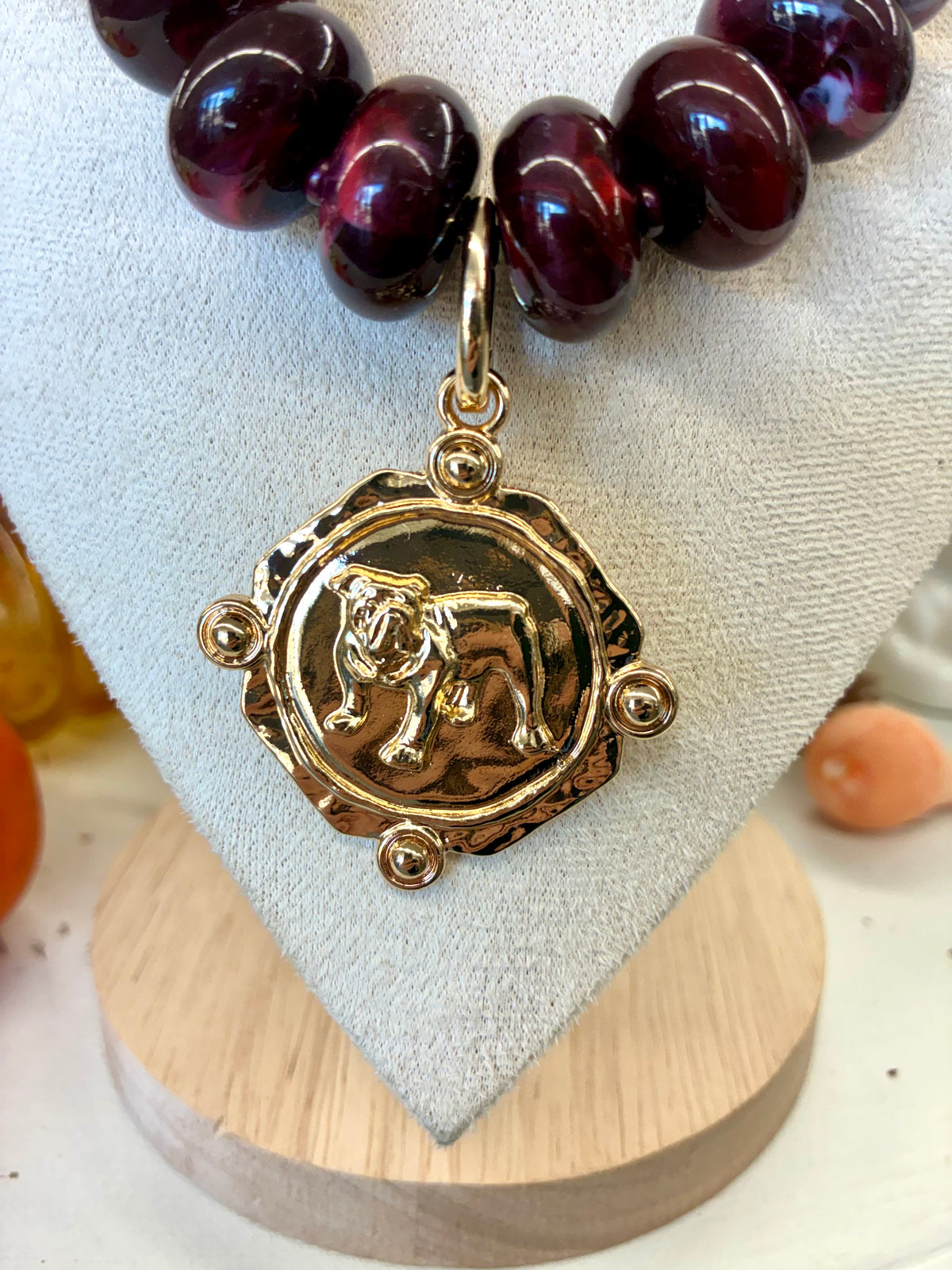 Chunky Beaded Maroon Beaded Necklace with Gold Bulldogs Charm
