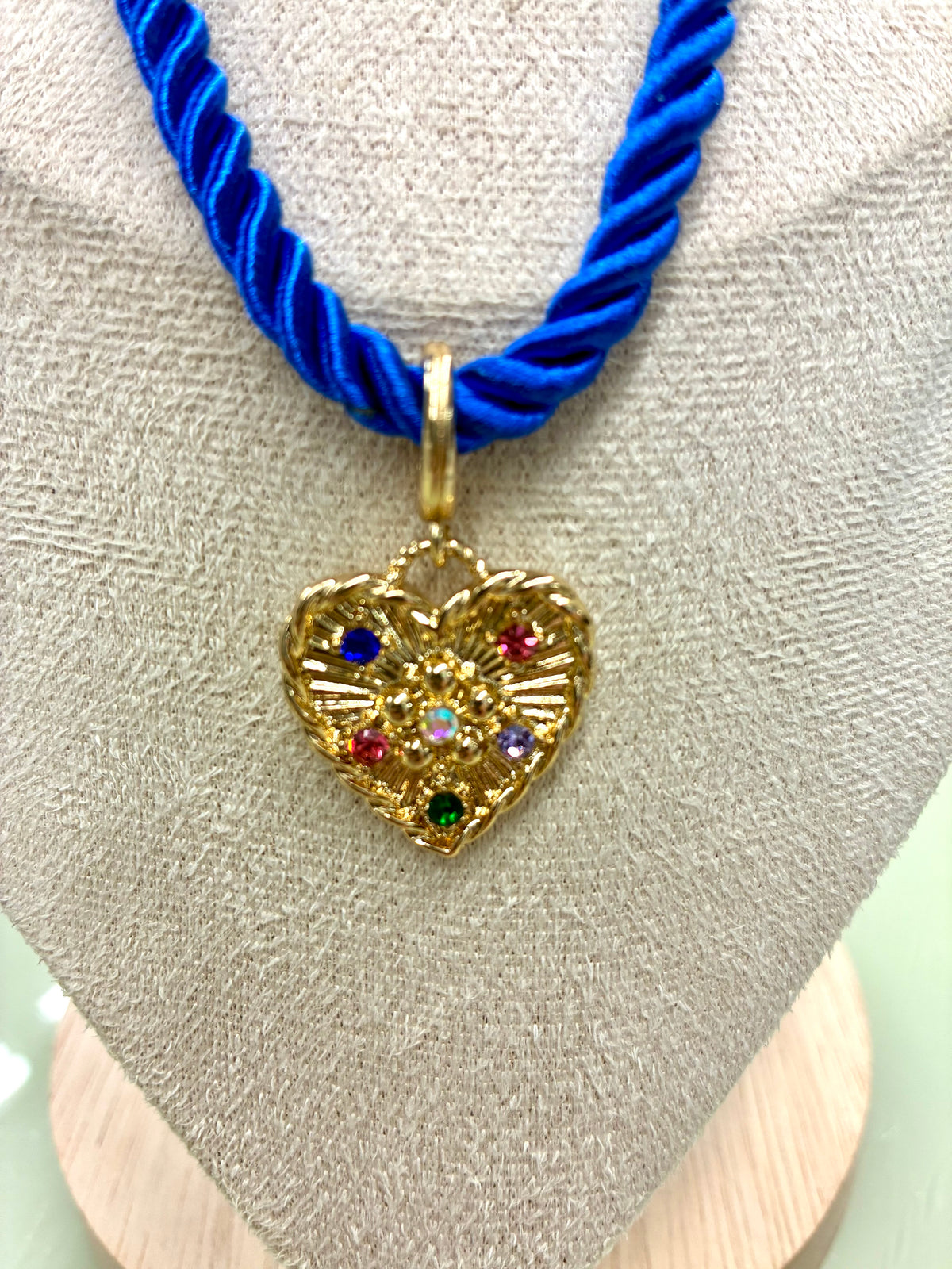 Royal Blue Rope Necklace with Gold Heart Pendant with Multicolored Stones