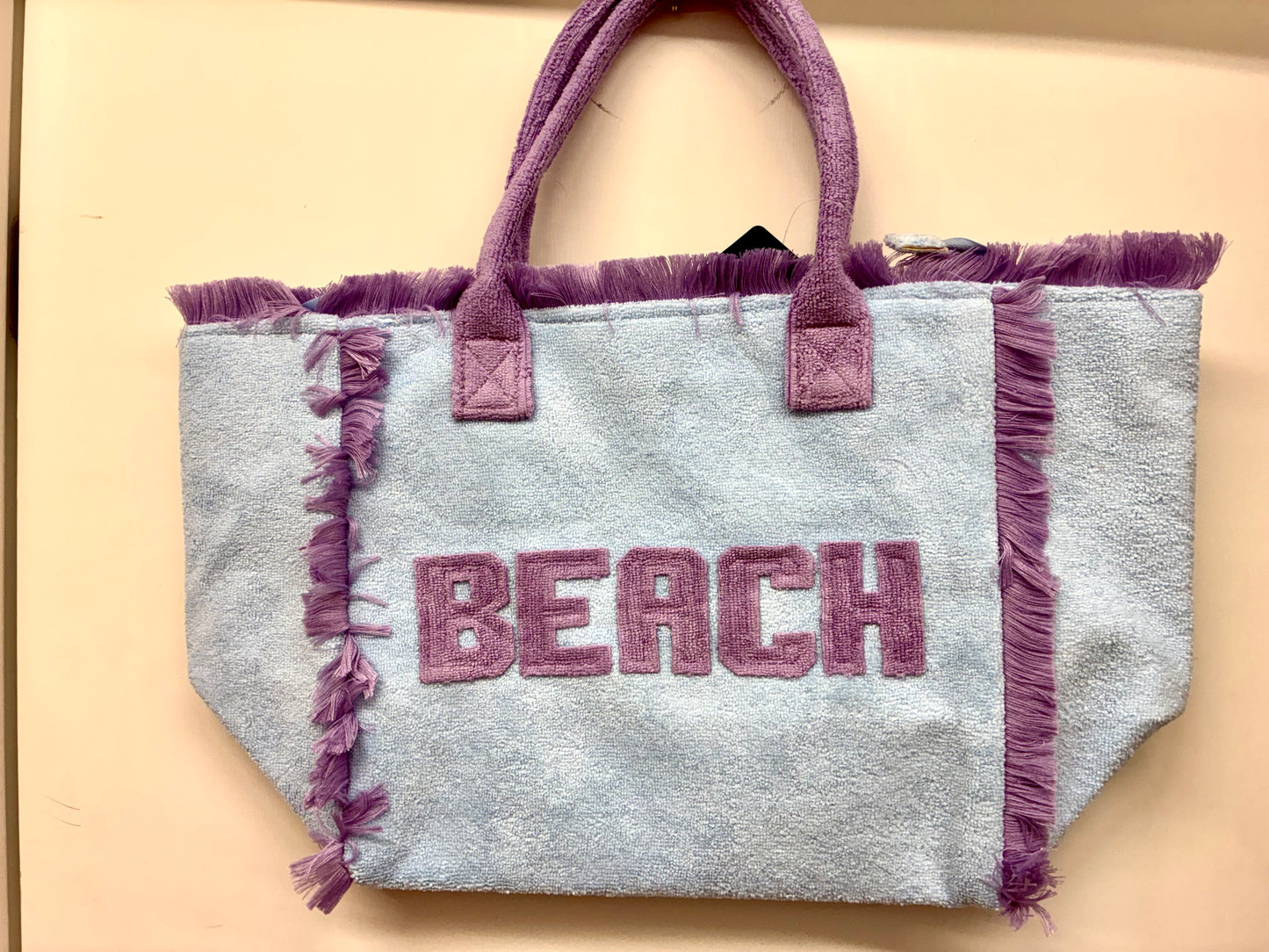 Fuzzy “BEACH” Fringe Tote- Blue & Lavender