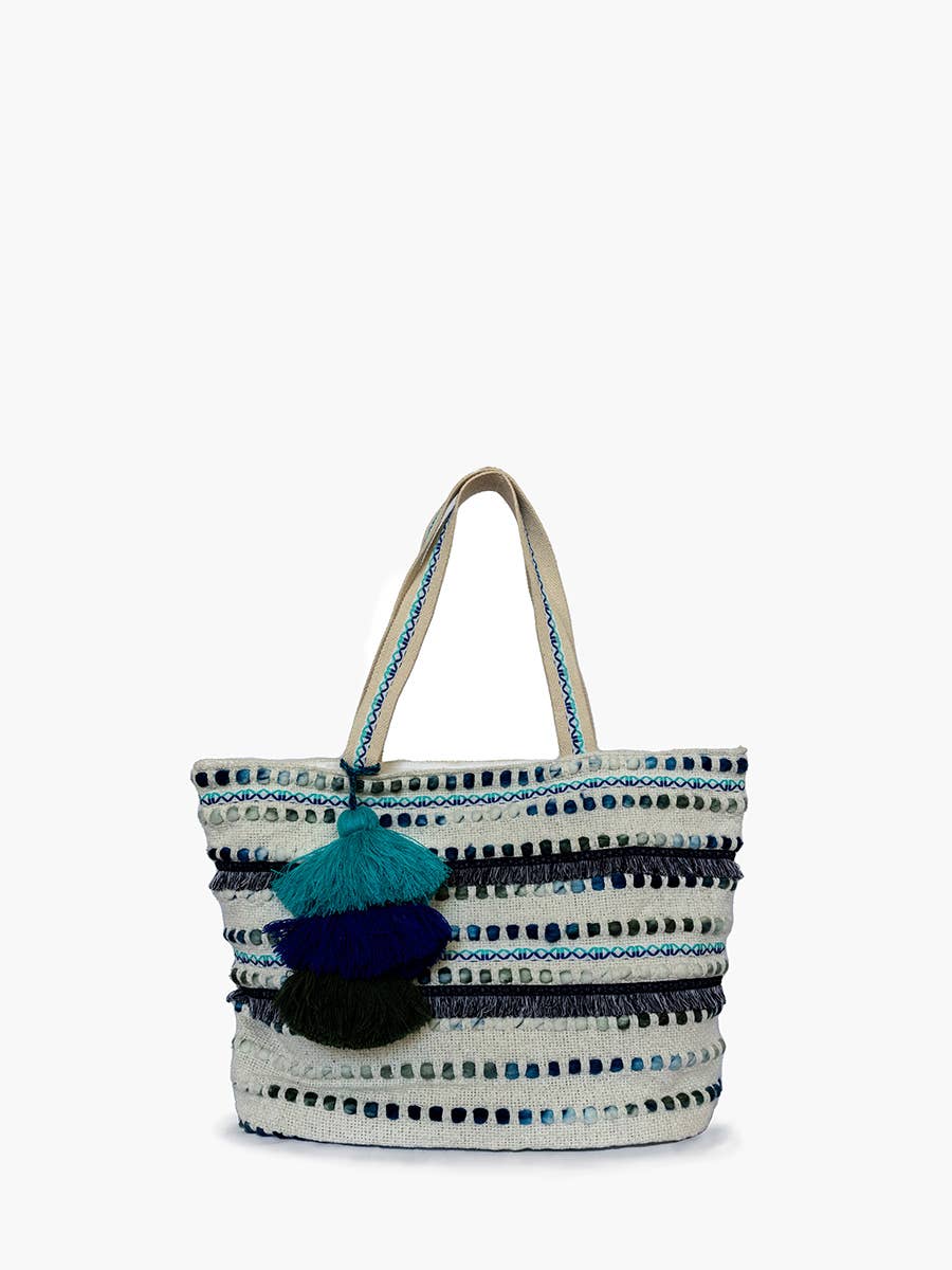 Jen & Co. Gianni Printed Cotton Tote w/ Triple Tassels: Blue/White