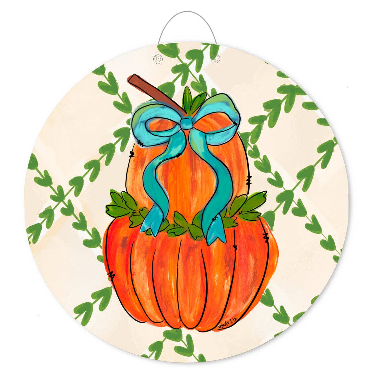 Greenery Stacked Pumpkin with Bow Door Hanger / Store Pickup Only