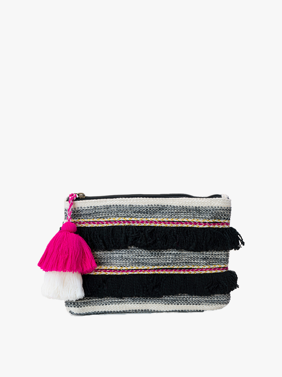 Jen & Co. Adalaide Printed Cotton Pouch: Stripe-Black/Pink