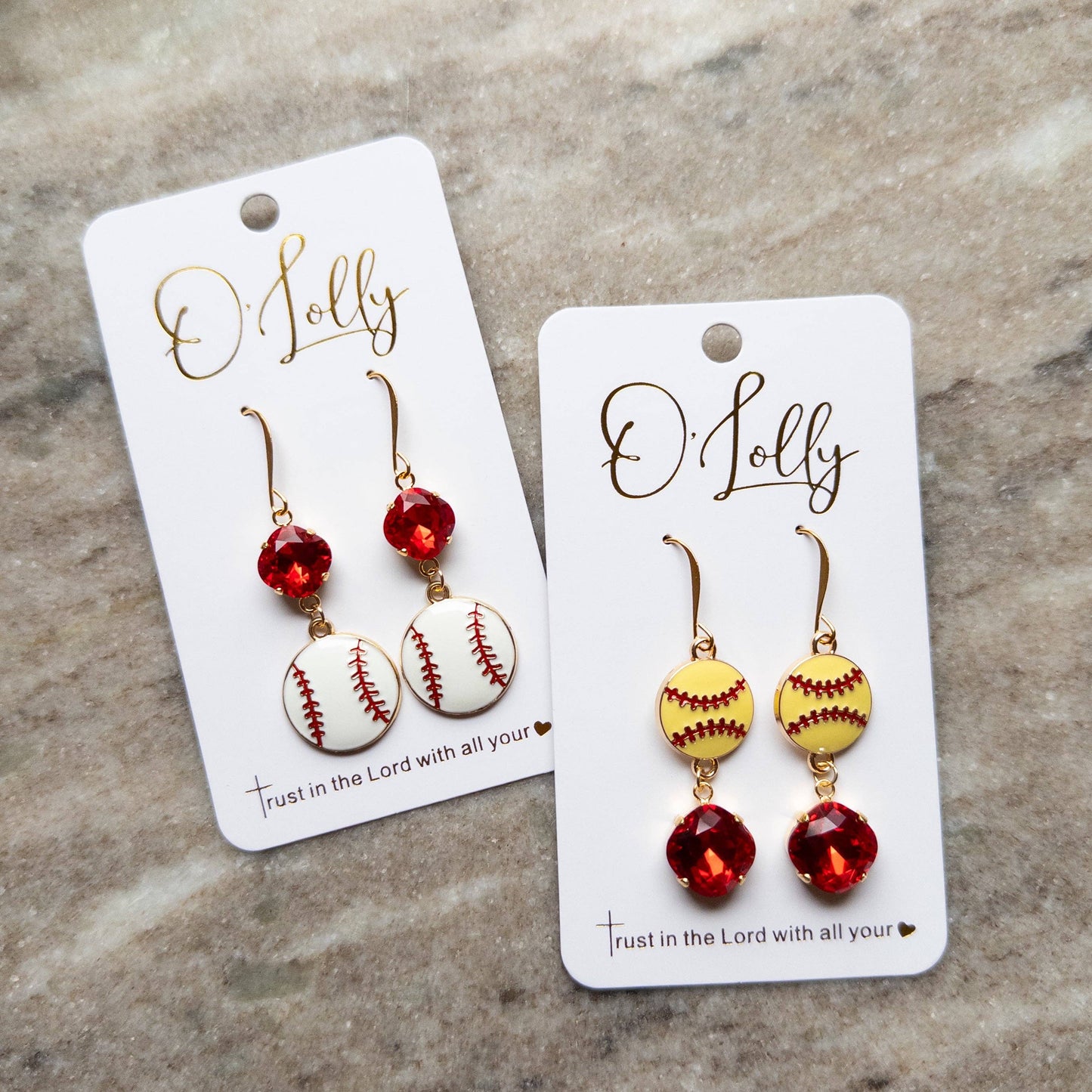Baseball & Softball Earrings w/Red Stone: Softball