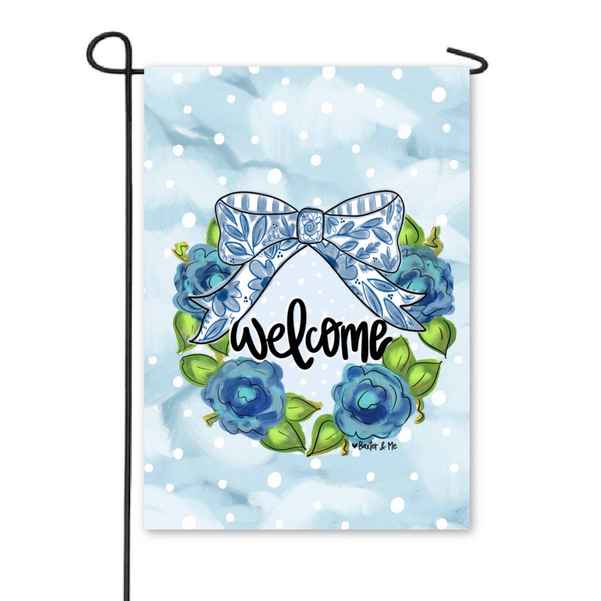 Blue Willow Bow Welcome Garden Flag- Baxter & Me