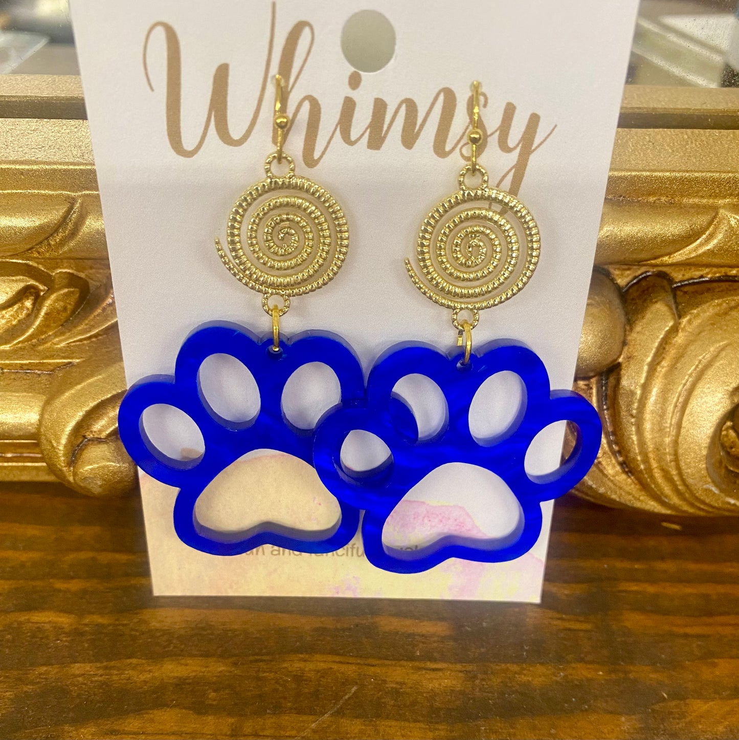 Metallic Blue Paw Earrings with gold  / Whimsy Jewels