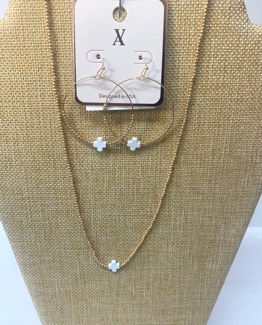 Gold Beaded Necklace w/Cross / Gold Bead Earrings w/Cross SOLD SEPARATELY