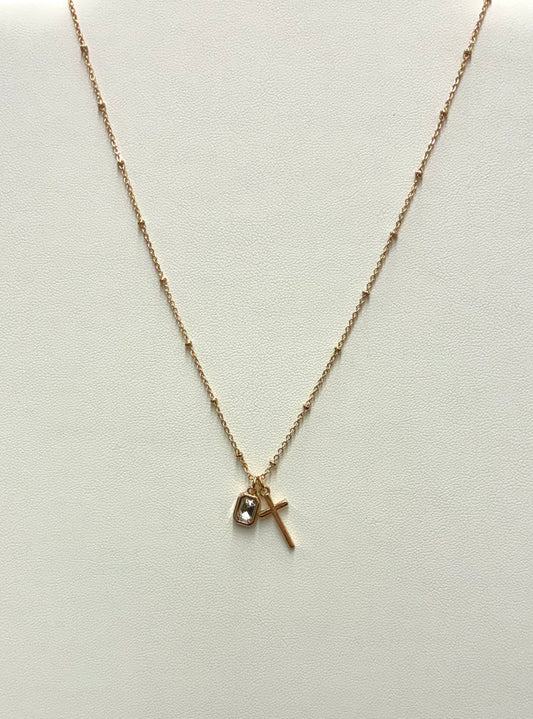 18” Gold Necklace with Cross & Crystal Charm