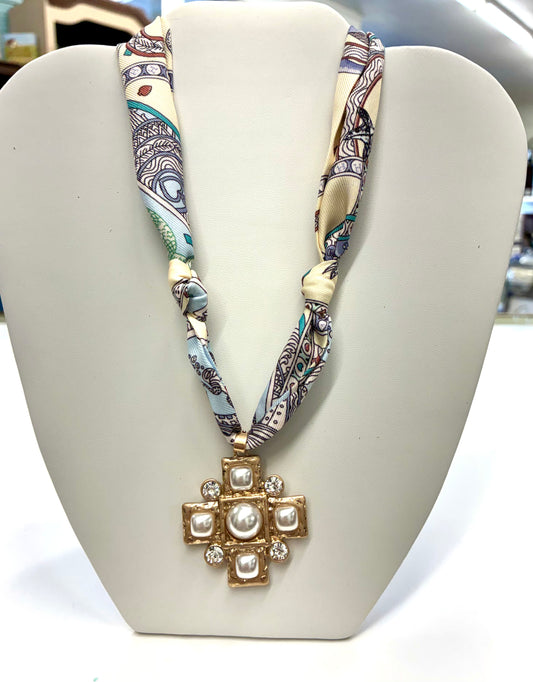 Gold Pearl Cross Scarf Necklace