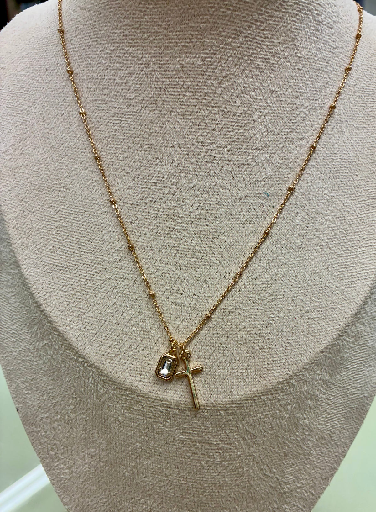 Dainty Gold Cross Necklace with Colored Stone