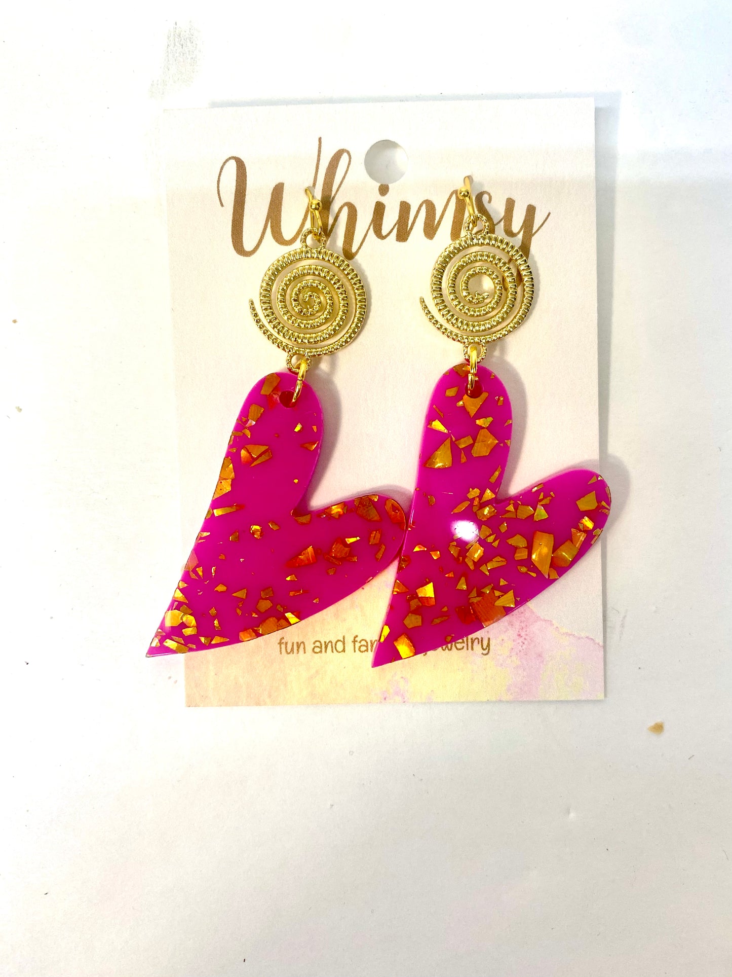 Hot Pink & Gold Heart Earrings w/Gold Disc   Whimsy Jewels