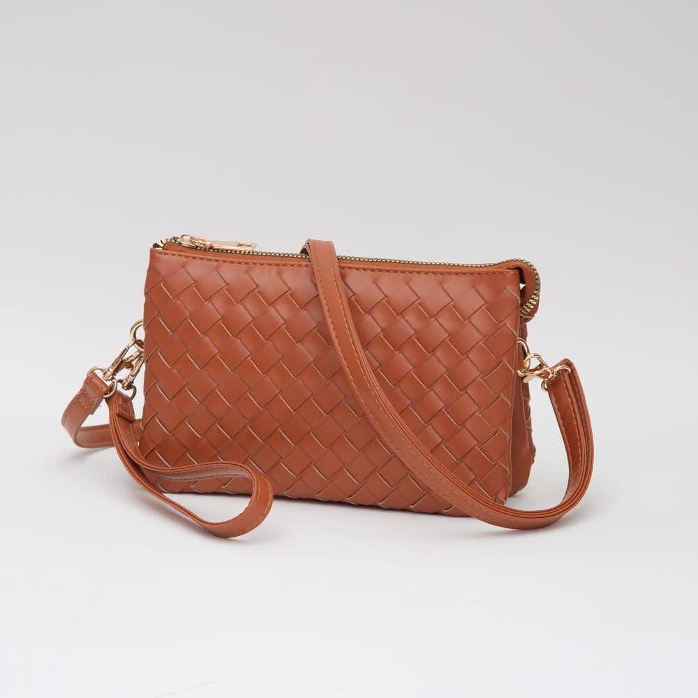 Kate Woven Three Compartment Crossbody Wristlet Bag: Tan