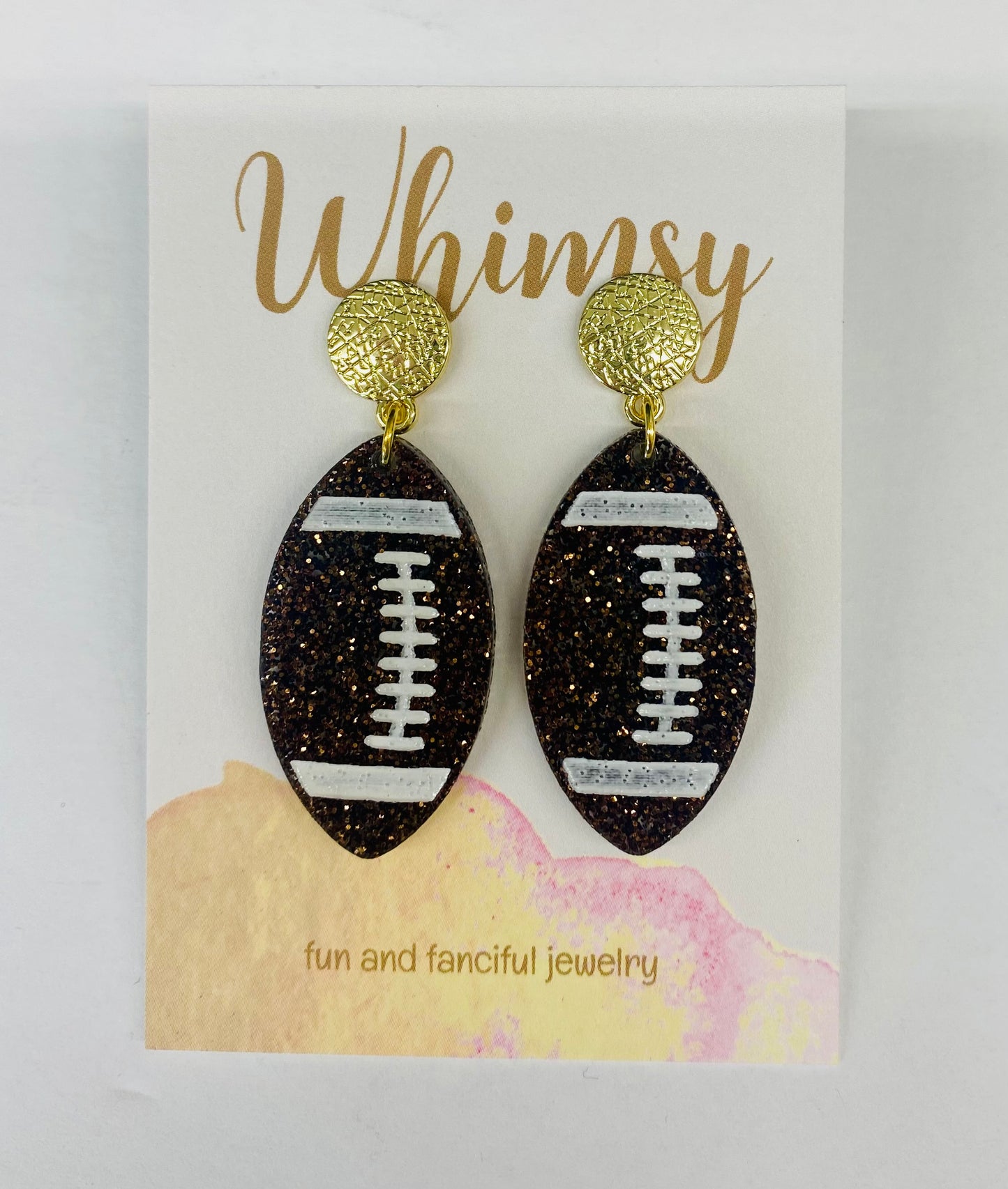 Whimsy Jewels Acrylic Brown/Glitter Gold Football Earrings