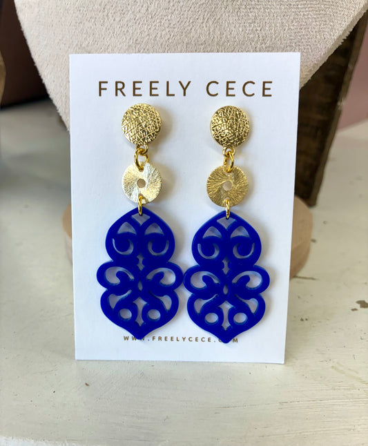 Gold and Royal Blue Filigree Earrings