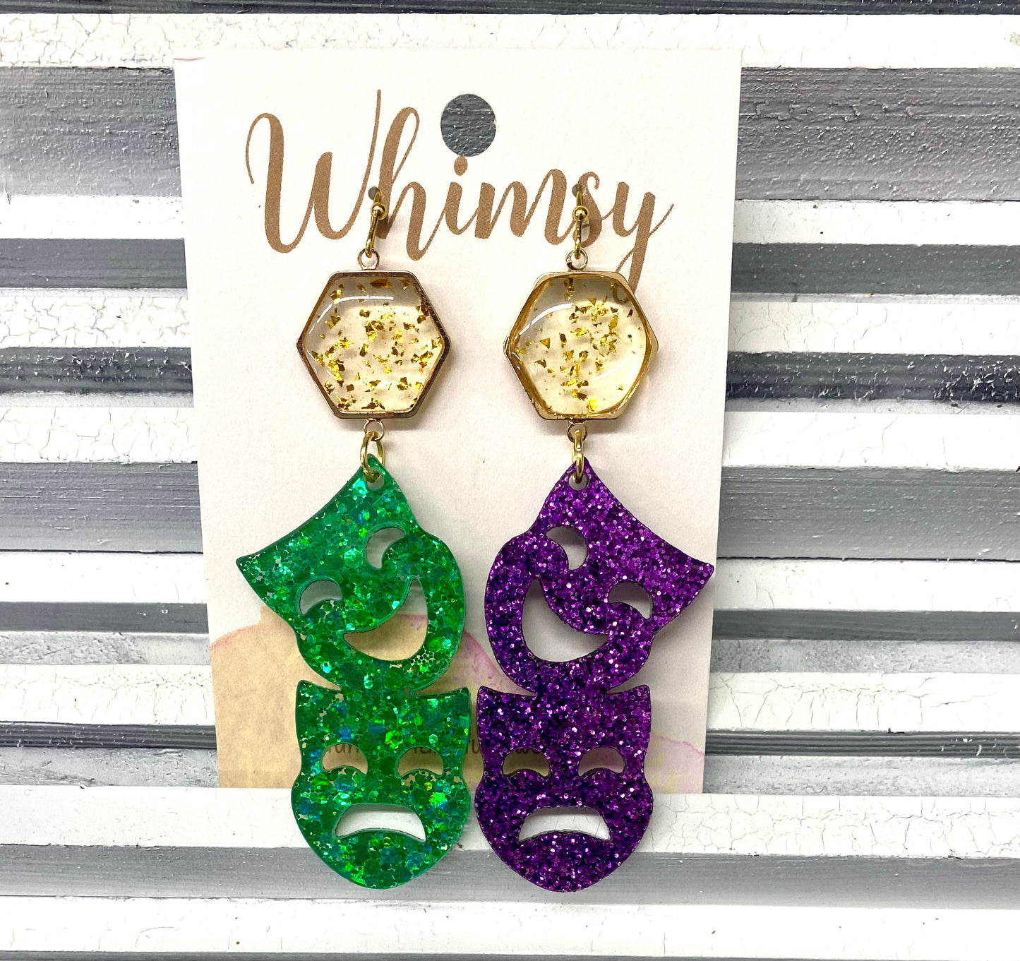 Mardi Gras Glitter Mask Earrings with Gold/Clear Glitter Stone / Whimsy Jewels