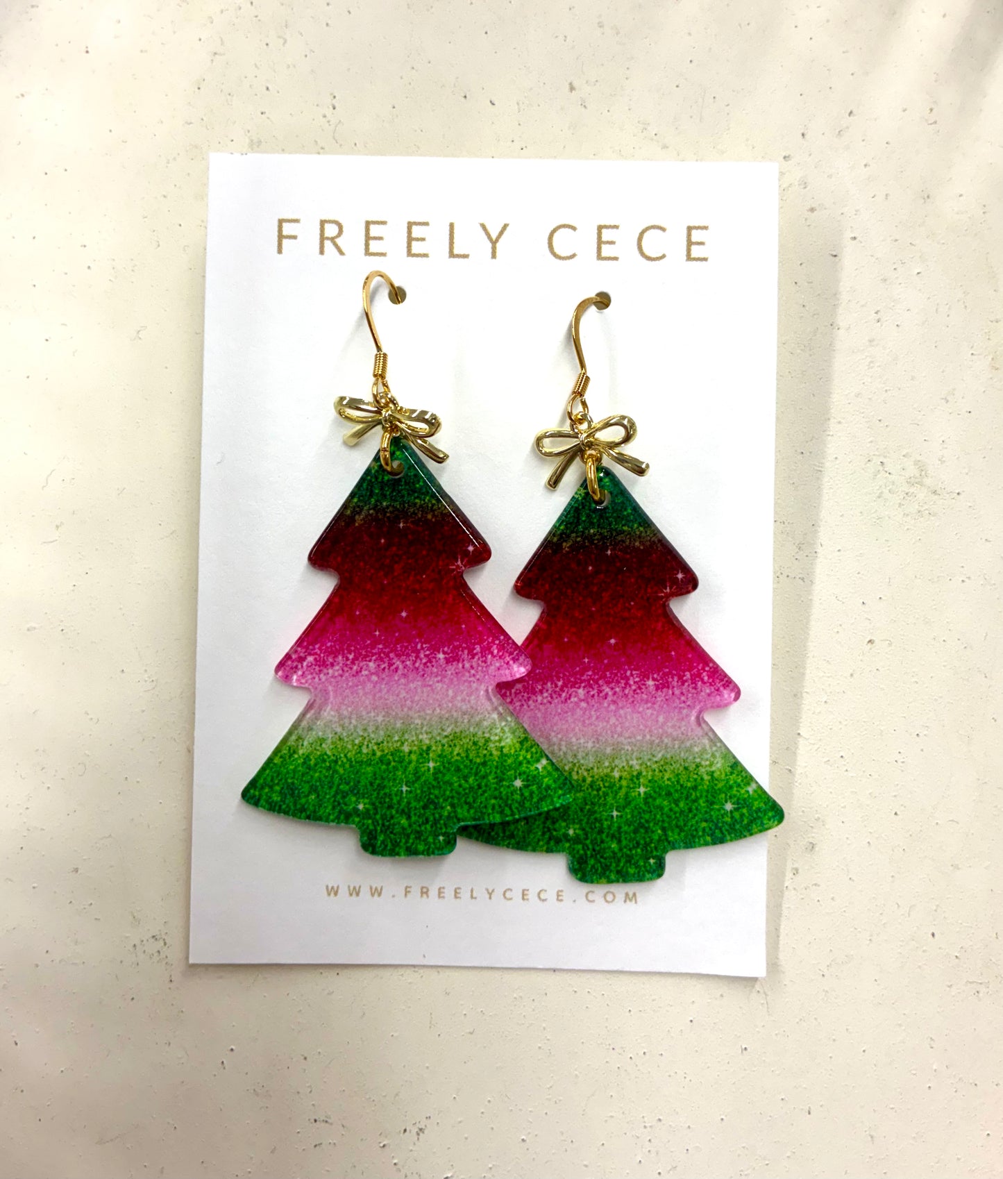 Green, Pink, Red Christmas Tree Earrings w/Gold Bow