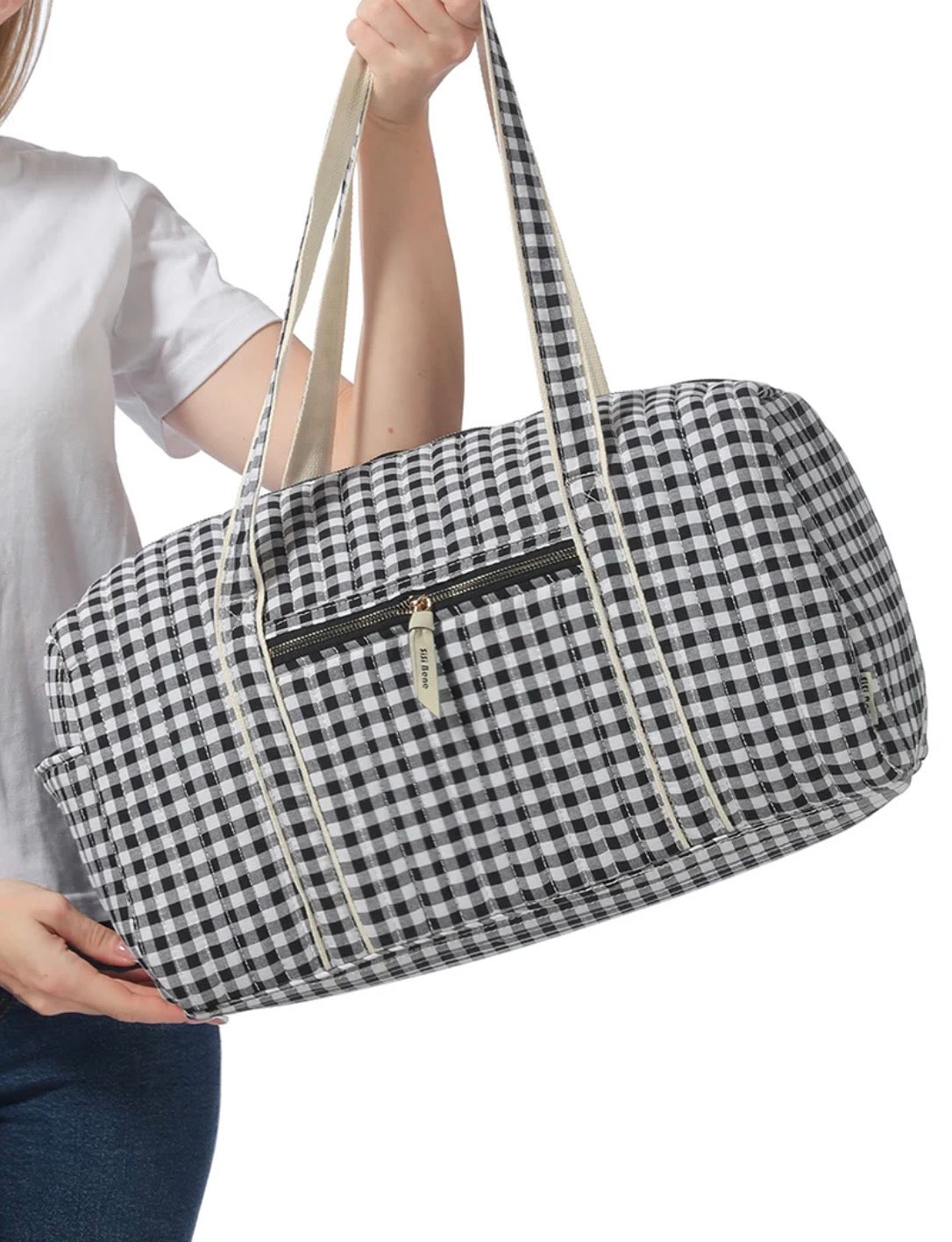 Black Gingham Quilted Weekender Tote Bag
