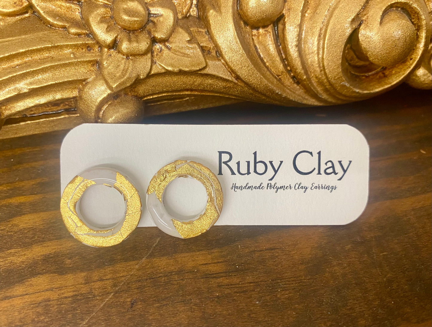 Polymer Clay Gold & White Circle Stud Earrings by Ruby Clay