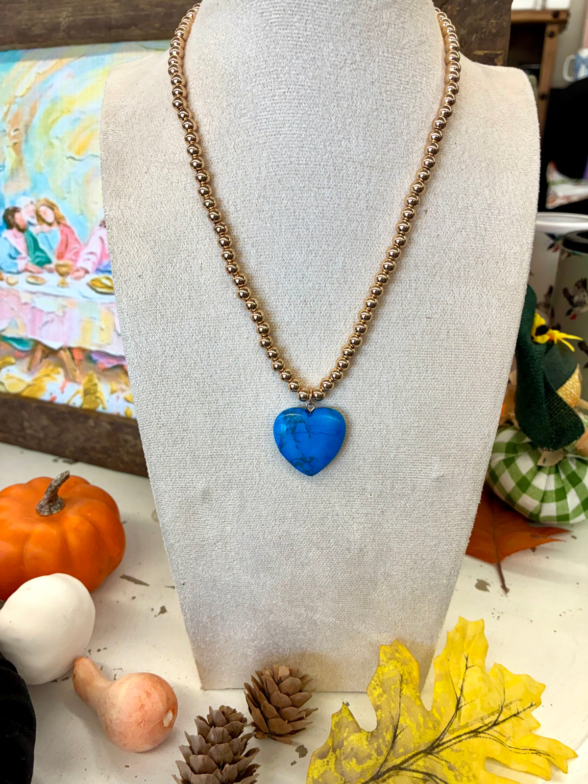 Beaded Gold Necklace with Turquoise Heart
