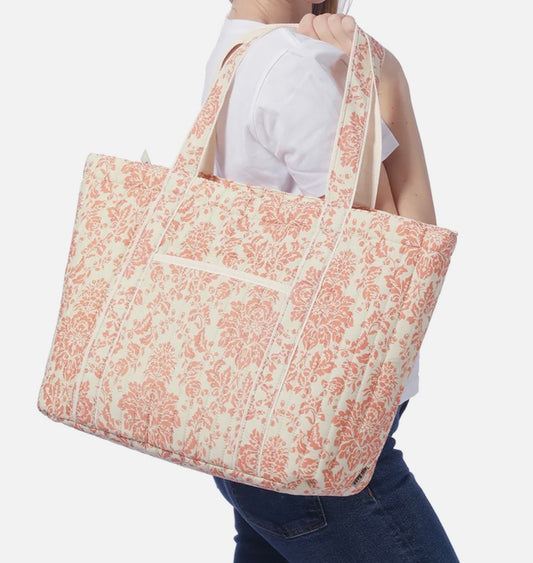 Quilted Floral Damask Print Large Tote Bag - White & Pink