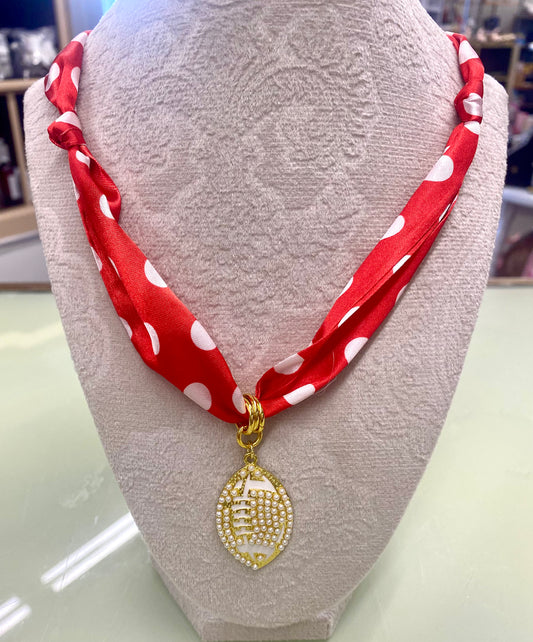 Red & White Polka Dot Gold Football Charm Scarf