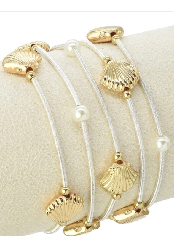 5 PCS Gold Shell & Pearl Stretch Silver Bracelets