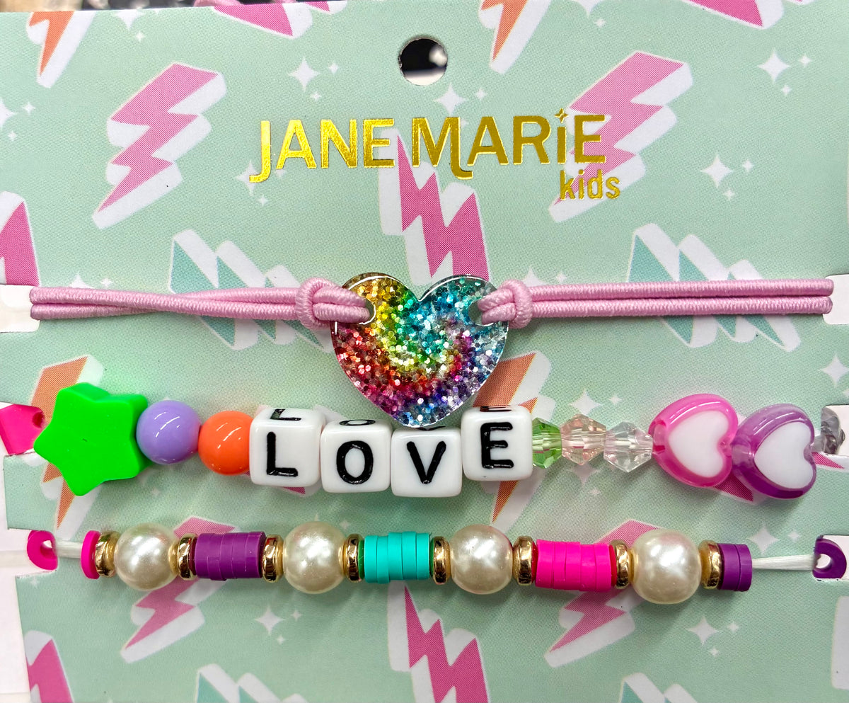Kids Set of 3, Rubber Disk Strand, Light Pink Rope Strand, Beaded "Love" & Glitter Heart Bracelet - Jane Marie