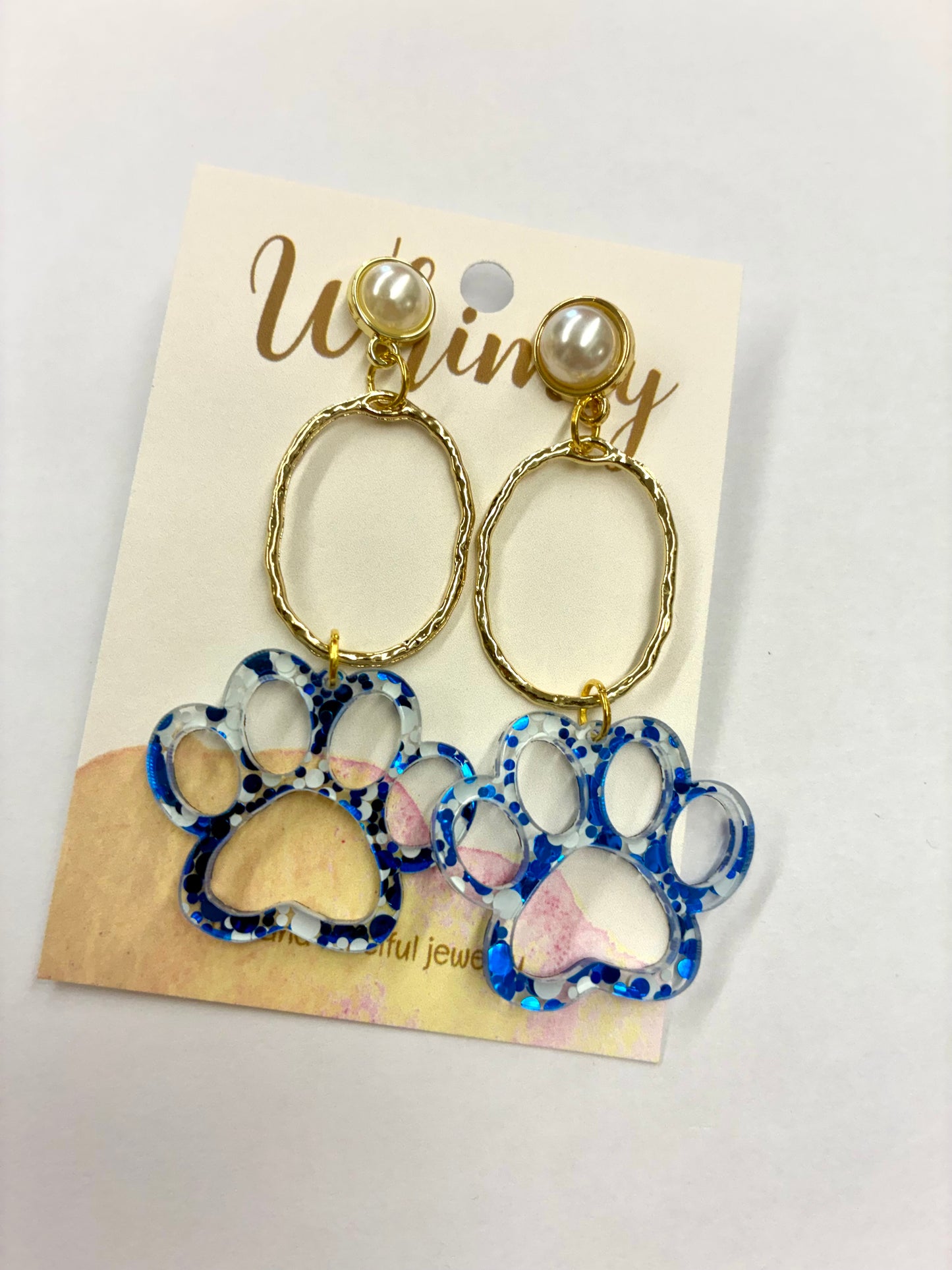 Blue & White Iridescent Paw Earrings with Gold and Pearl Accents