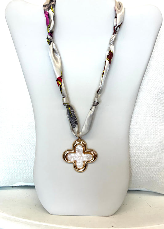Scarf Necklace with Cream Clover Pendant