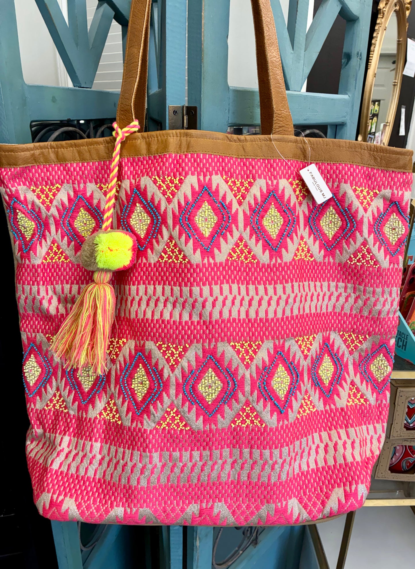 Pink Geometric Tote with PomPom Tassel by Fabulous MJ New York