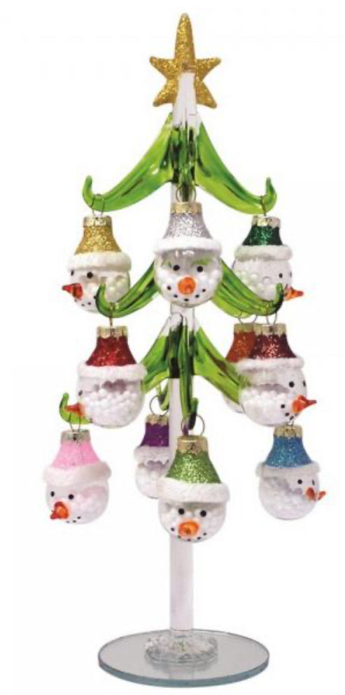 Green Glass Tree 10” with 12 Snowmen Ornaments