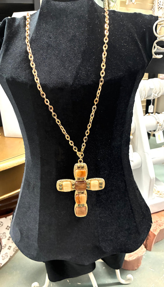 Pendant Brown Cross Long Gold Chain Necklace 34” + 2.5”