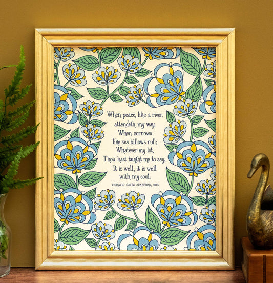 It Is Well Hymn Art Print - Blue Floral