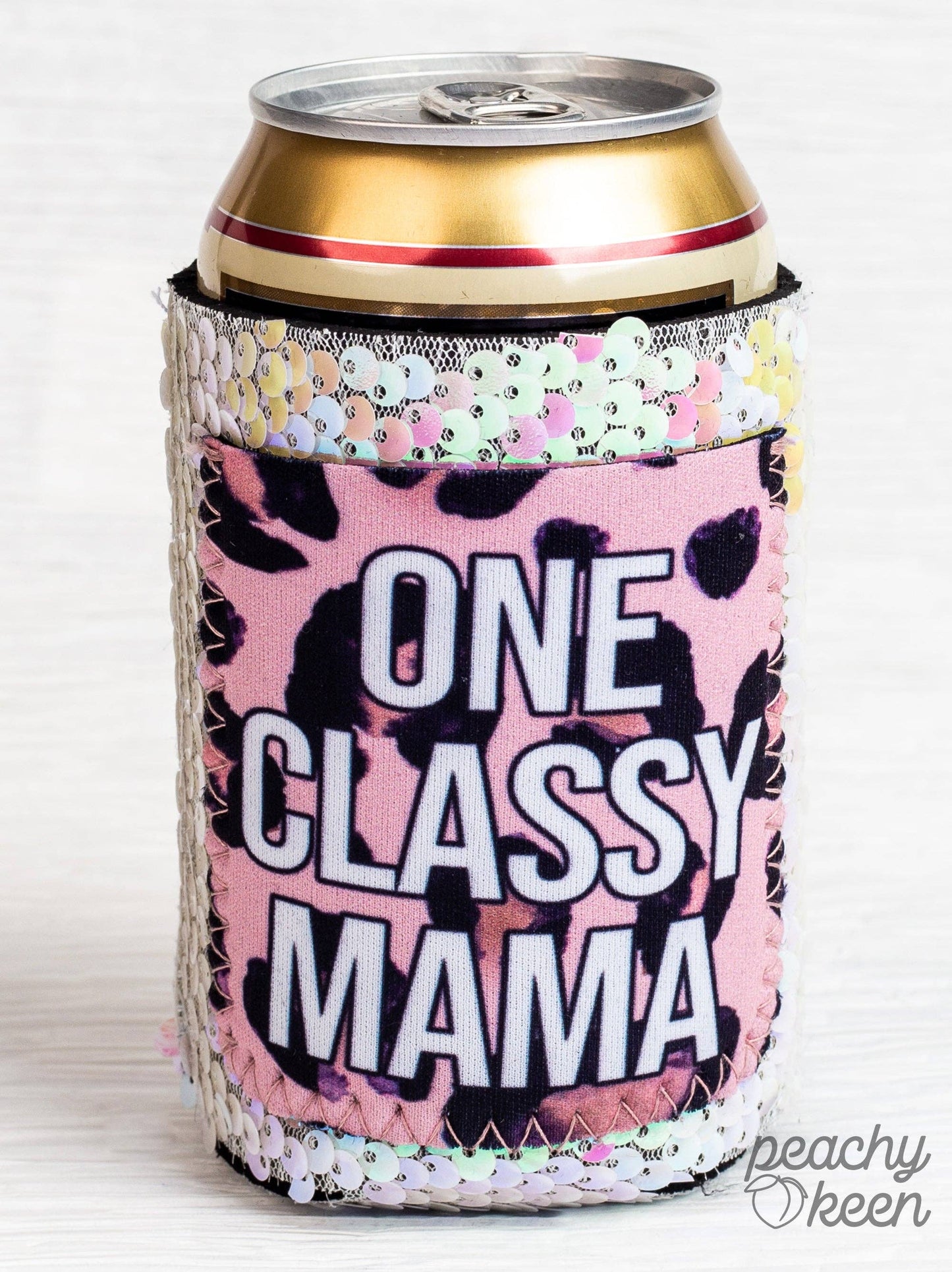 One Classy Mama Sequin Shifting Can Cooler: White / One Size