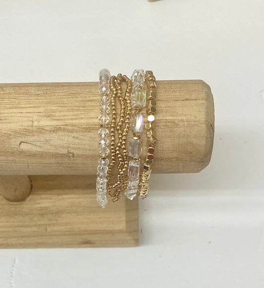 6-Strand Gold and Clear Beaded Braclets