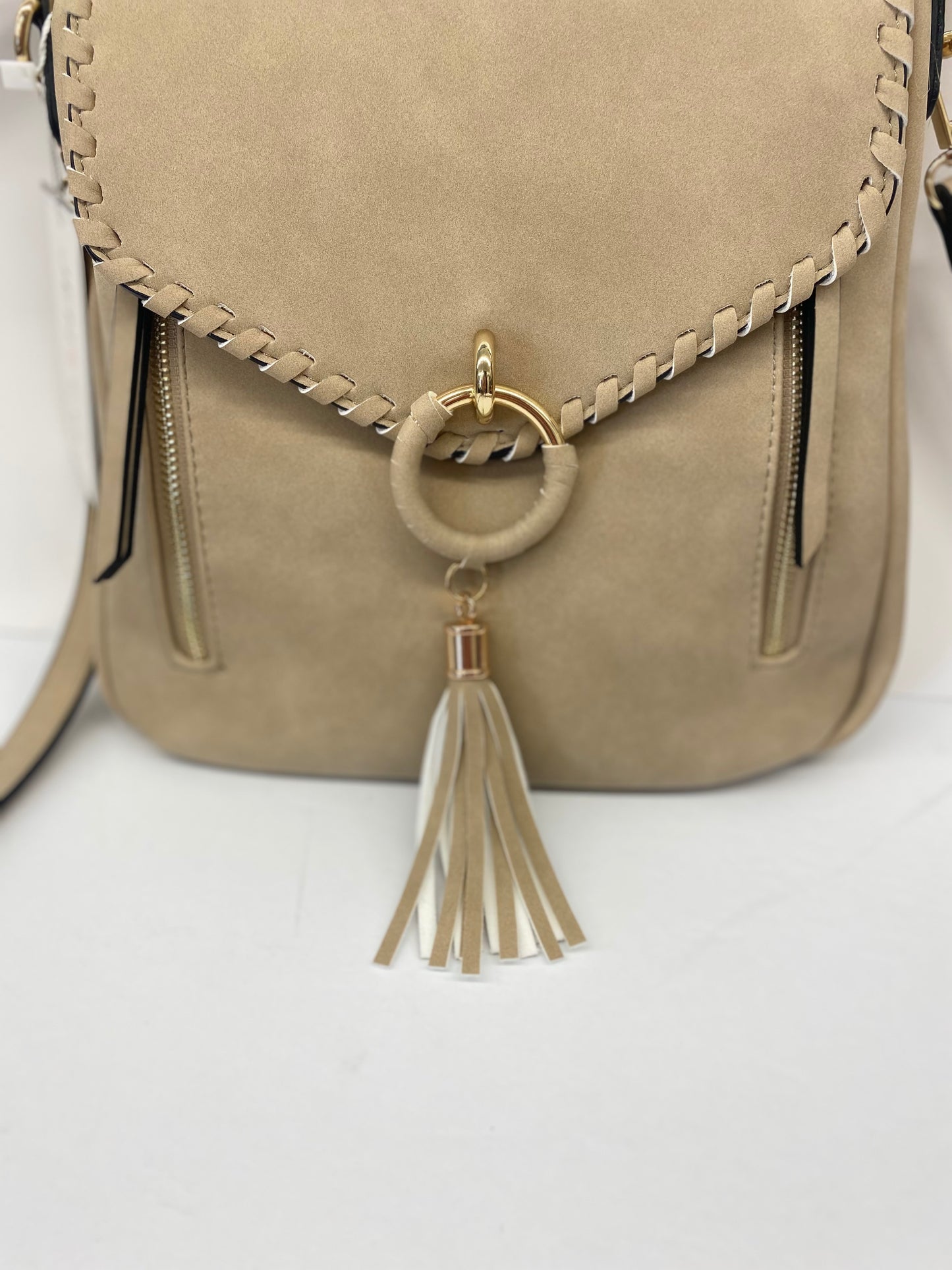 Jen & Co. Layla Faux Suede Whipstitch Crossbody w/ Tassel -Parchment Color