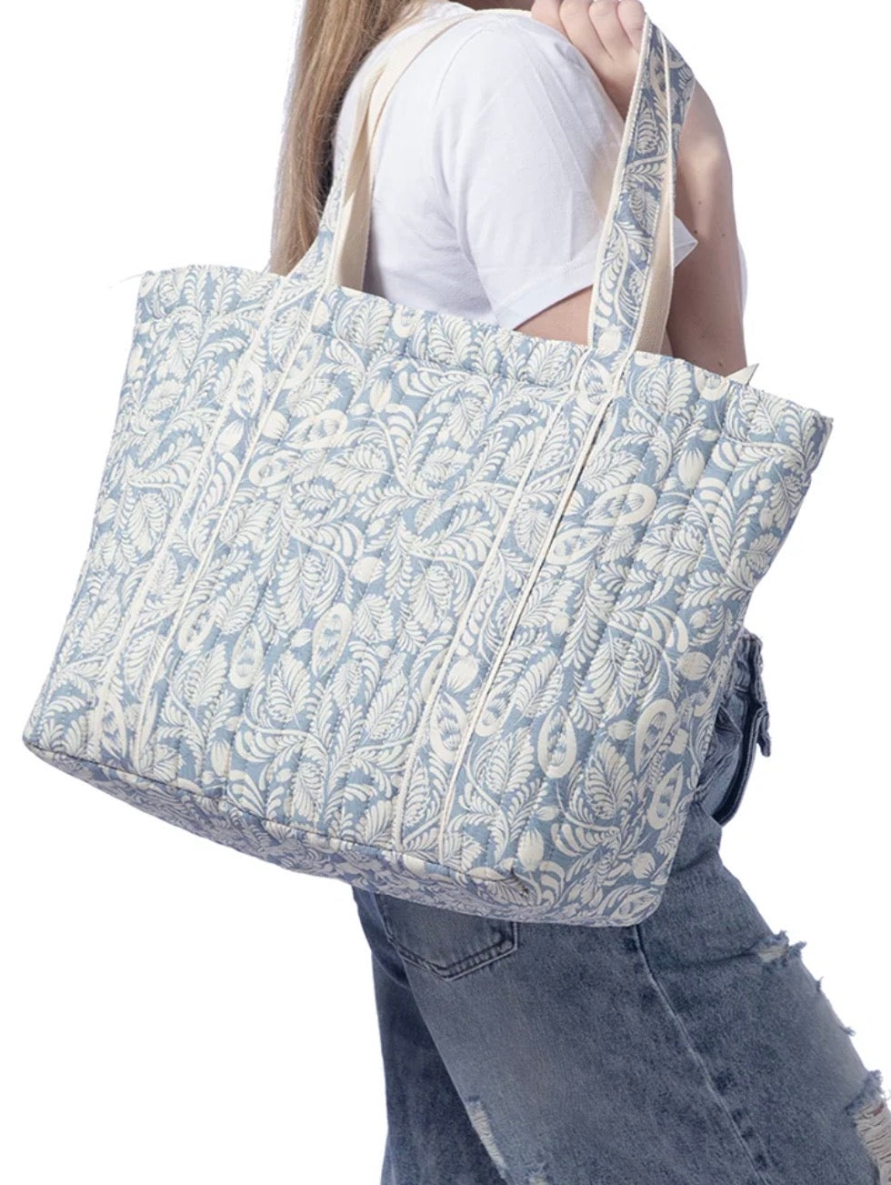 Blue Paisley Print Quilted Tote Bag with Shoulder Straps