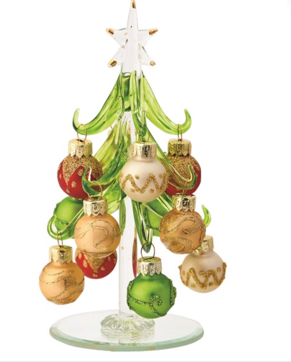 Green Glass 6”Tree with Multicolored Ornaments