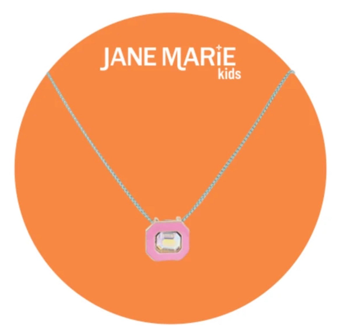 Kids 14" Mint Chain Necklace with Pink Enamel & AB Crystal Rectangle - Jane Marie